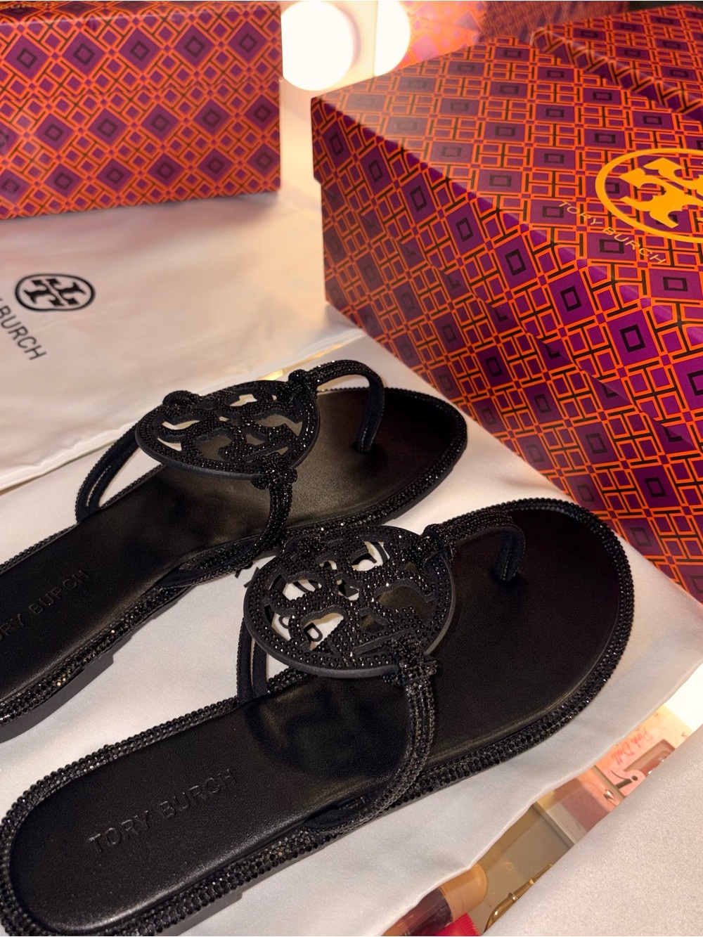 Tory Burch Black Crystal Logo Thong Sandals - Picture 2 of 3